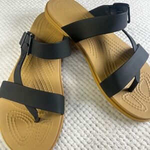 Crocs Tulum Toe Post Sandal Black Tan Ankle Strap 206108 Womens Size 8